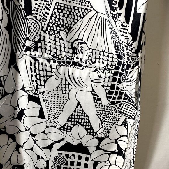 Vintage 80s Gil Aimbez Black White Tennis Player Print SS Button Up Tunic Sz 10 - Picture 5 of 15